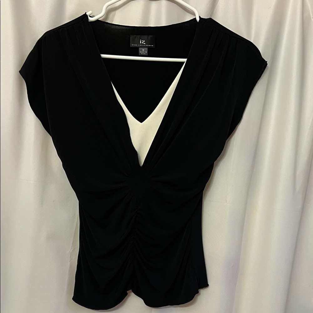 IZ Byer Black and White Ruched Blouse